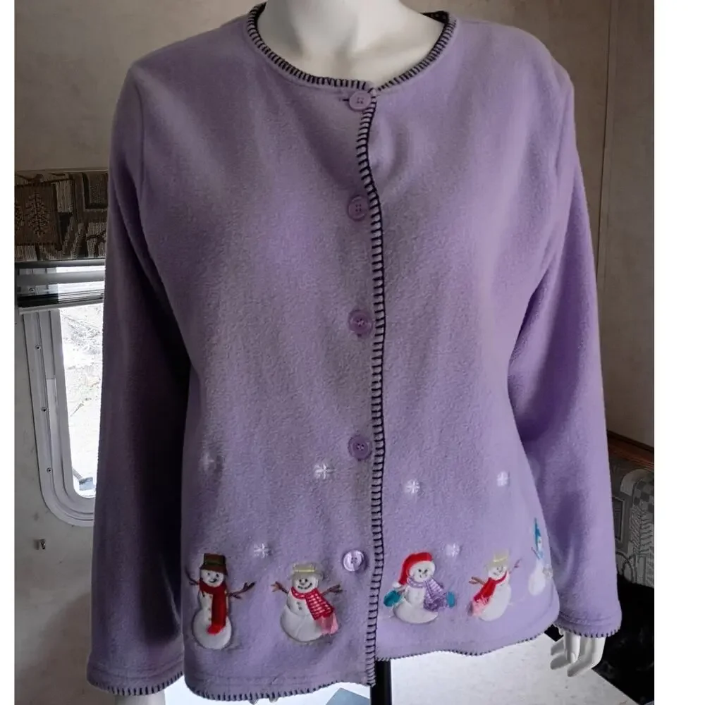 Vintage Snowman Fleece Cardigan M Lilac Purple Embroidered Christmas Cozycore